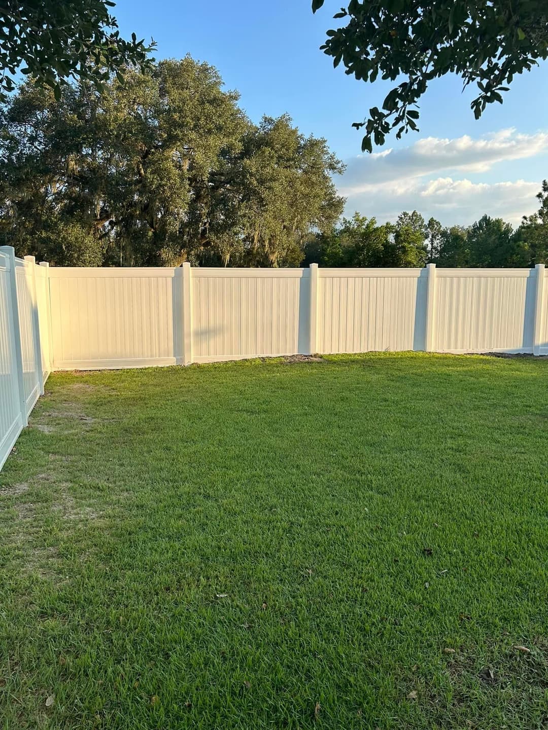 White vinyl fence surrounding a lush green lawn under a clear blue sky.